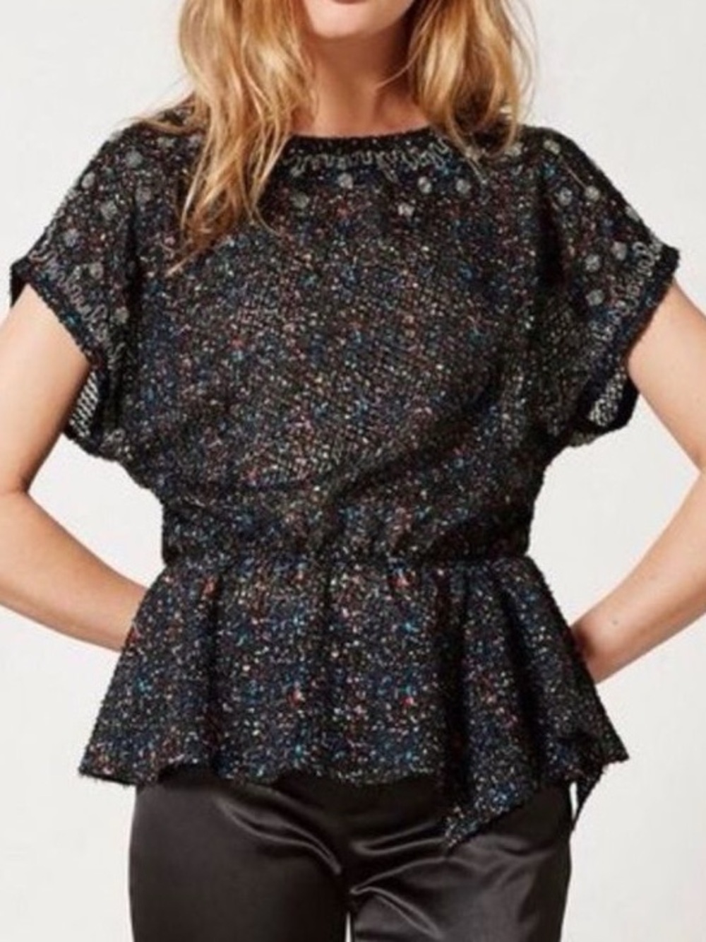 Isani x Anthropologie Beaded Peplum Sleeveless Blouse Top Lightweight Colorful